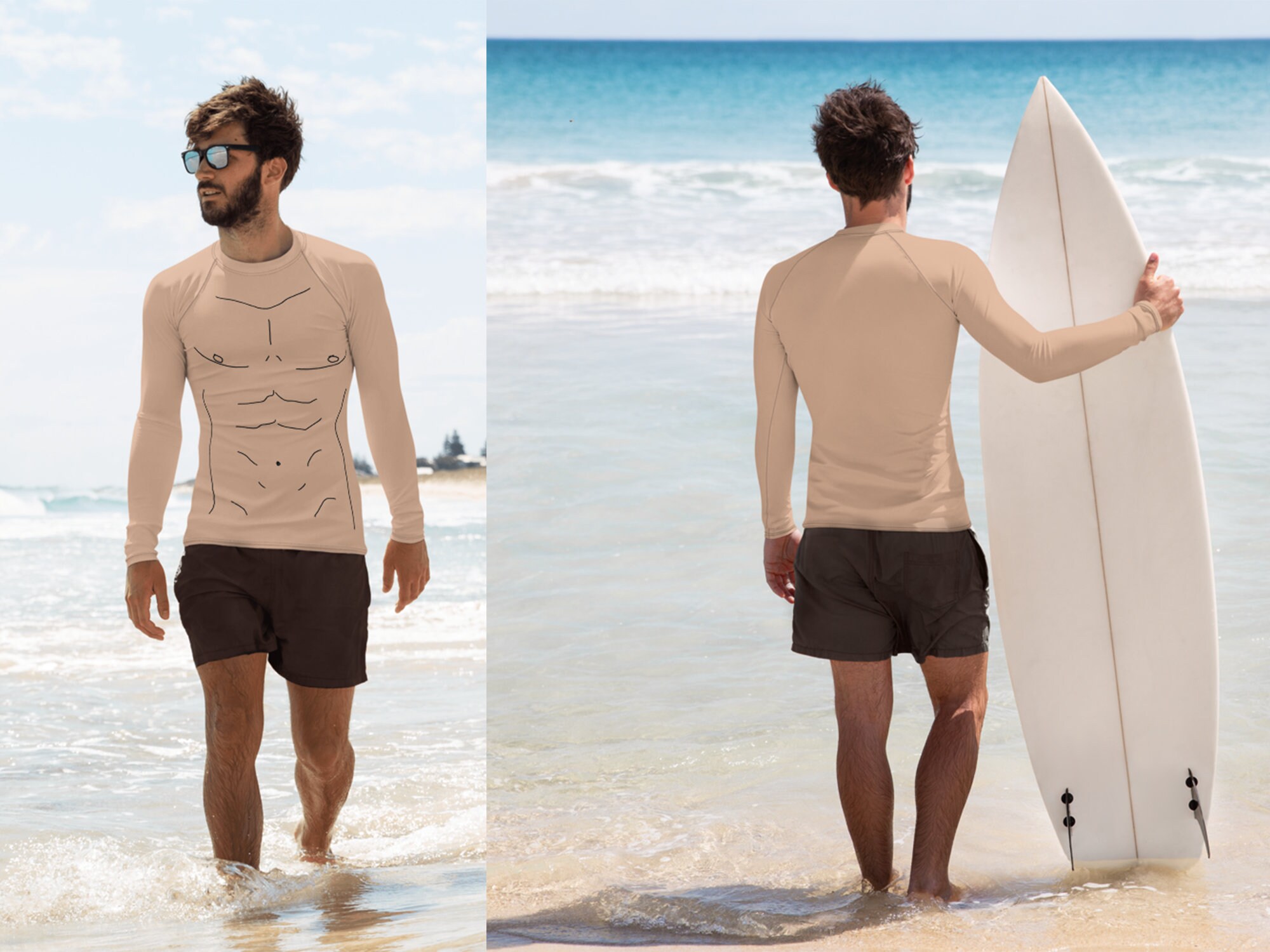 Six Pack Abs Nude Printed Men's Rash Guard Shirt Surfing | Etsy