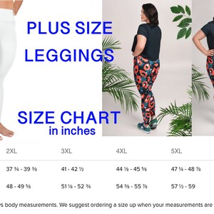 Op de afbeelding: Maattabel voor plus size leggings in inches. De tabel toont de taille- en heupmaten voor maten 2XL, 3XL, 4XL, 5XL en 6XL.