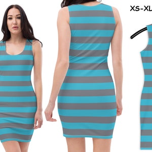 Blue Gray Striped Cat Dress Woman Cosplay Costume Bodycon Fitted Halloween Tank Spandex Outfit Party