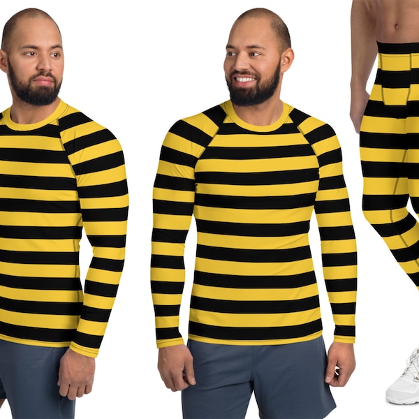 Bumble Bee Costume Men Athletic Halloween Striped Meggings Rash Guard Shirt Cosplay Yellow Black Tee Outfit Spandex Workout Pants Surfing