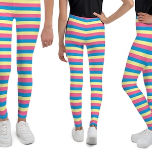 May include: Leggings with horizontal stripes in pink, yellow, and blue. The leggings are form-fitting and reach the ankles. The image shows three different views of the leggings, showcasing the design and fit.