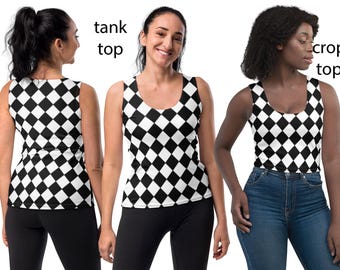 Black White Rhombus Top Woman Halloween Cosplay Costume Shirt Crop Tank Rash Guard Running Workout Spandex Gift Geometric Pattern