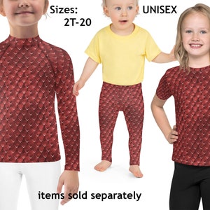 May include: Red dragon scale print long-sleeve shirt and leggings set for kids. Sizes 2T-20. Unisex.