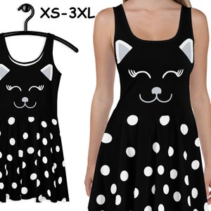 Cat Face Polka Dot Skater Dress Women Halloween Cute Costume Cosplay Spandex Outfit Kitten Ears Gift