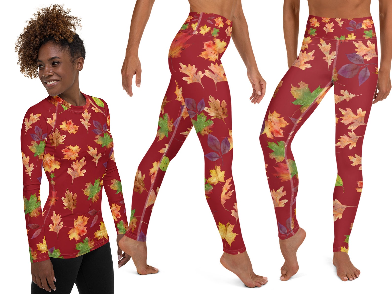 Falltasktic Wear Autumn Fall Leaves Costume Leggings Rash Guard Shirt Women Oak Maple ...