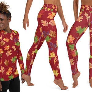 Autumn Fall Leaves Costume Leggings Rash Guard Shirt Women Oak Maple Workout Costume Yoga Pants Running Athletic Activewear Outfit
