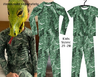 May include: Green snake print long-sleeve shirt and matching pants for kids. The shirt has a crew neck and the pants have a straight leg. The image also shows a green snake mask. "Kids Sizes: 2T-20" is written on the image.