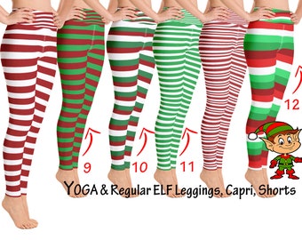 May include: Five pairs of striped leggings in red and white, green and white, and red and green. The leggings are shown on a white background. The text "YOGA & Regular ELF Leggings, Capri, Shorts" is at the bottom of the image.