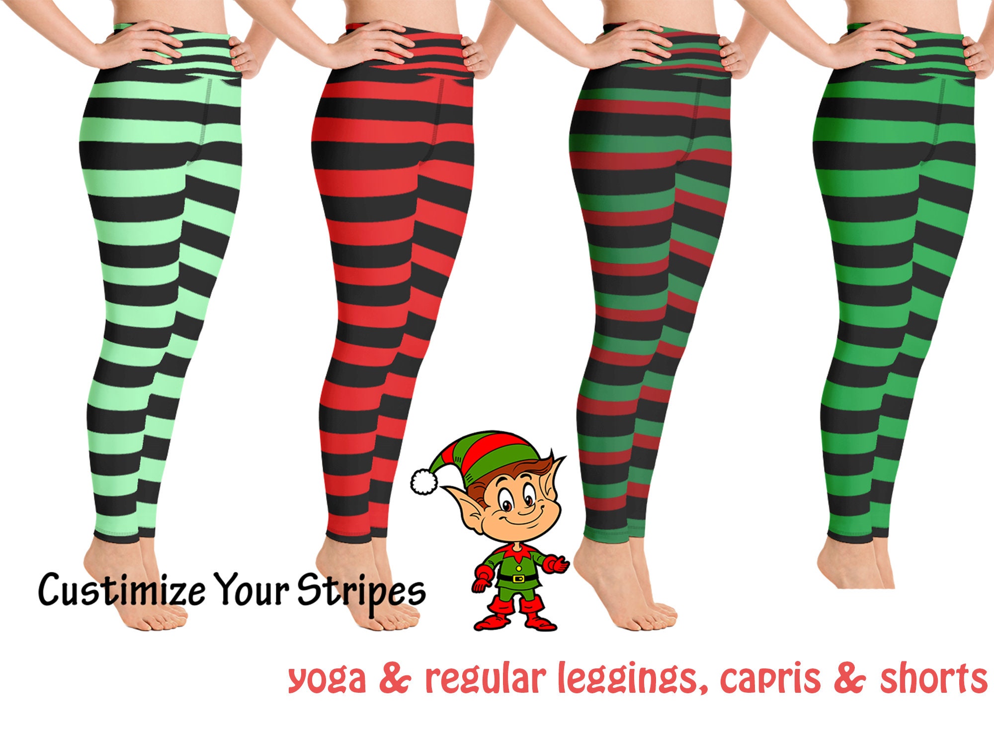 Elf Christmas Workout Leggings Striped Women Yoga Pants Festive Running Cosplay Gift Activewear Stripes Red Green Elves Spandex Activewear Etsy