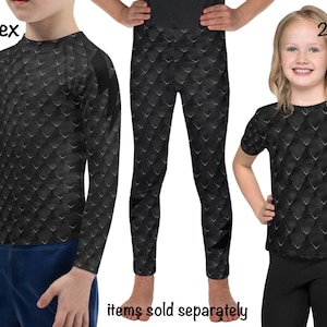 Onyx Black Dragon Scales Print Kids Costume Athletic Rash Guard Shirt Leggings Halloween Toddler Cosplay Birthday Gift Outfit Activewear