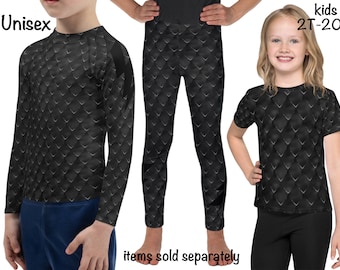 Black Dragon Scales Print Kids Costume Athletic Rash Guard Shirt Leggings Halloween Toddler Cosplay Pool Birthday Gift Outfit