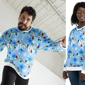 HO HO HO Sweatshirt de Noël unisexe flocons de neige ampoules arbre lumières impression cadeau chemise polaire pull pull moche bleu fête