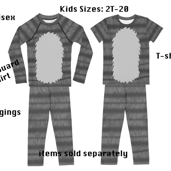 Grey Tabby Cat Kids Costume Striped Furry Animal Print Halloween Pet Activewear Cosplay Leggings Children Rash Guard Shirt Toddler Birthday