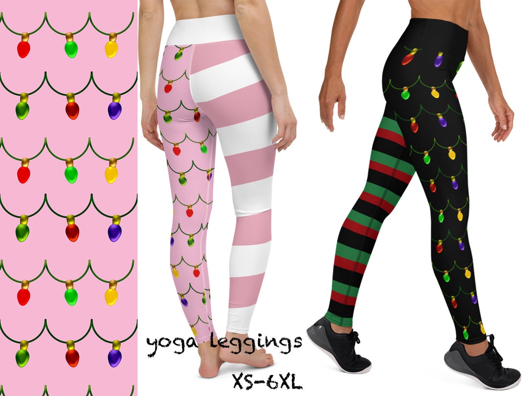 Christmas Workout Leggings Tree Lights Stripes Yoga Women Gift Cosplay Pink Festive Bubble Gum