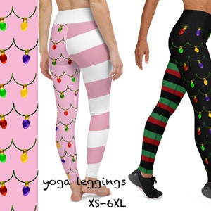 May include: Two pairs of yoga leggings with a Christmas lights pattern. One pair is pink with white stripes and the other is black with green stripes. The text "yoga leggings XS-6XL" is written below the image.
