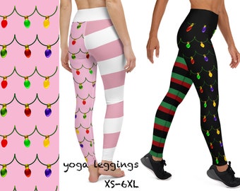 Christmas Workout Leggings Tree Lights Stripes Yoga Women Gift Cosplay Pink Festive Bubble Gum Running Fitness Outfit Pants Elf Activewear