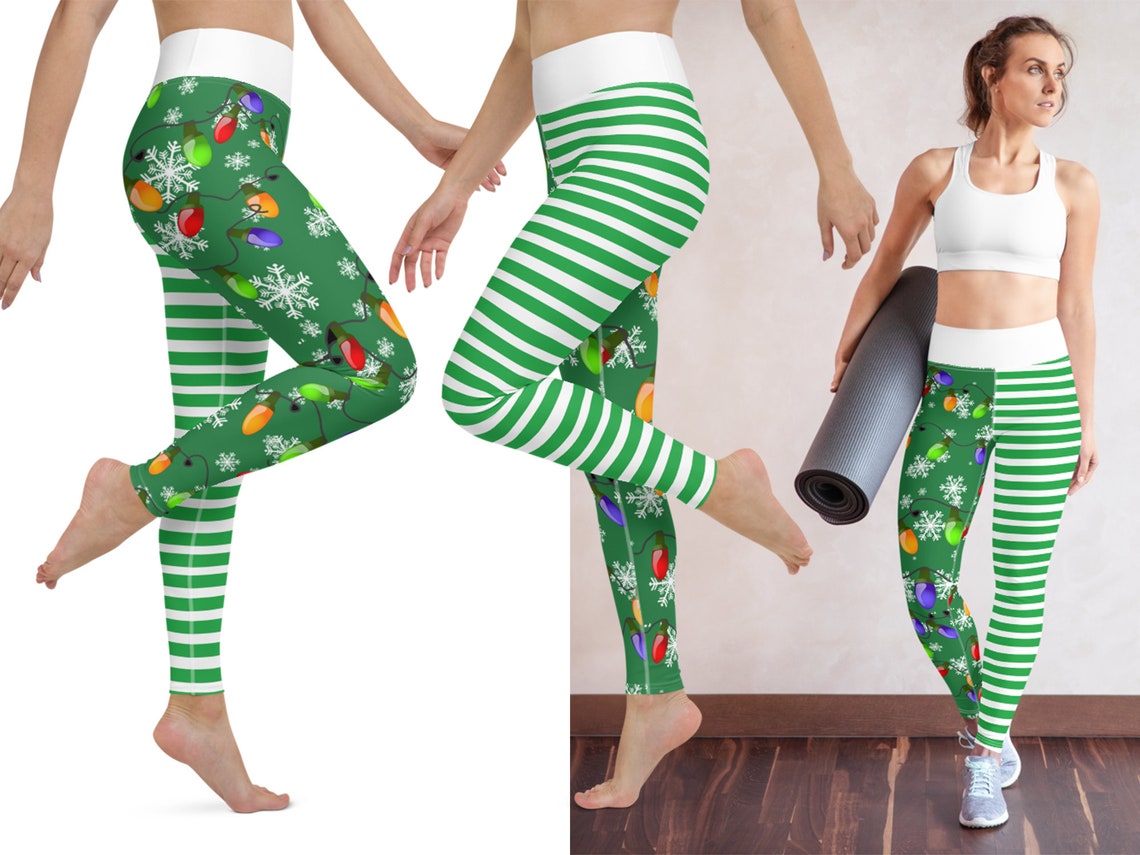 Christmas Workout Leggings Tree Lights Stripes Yoga Women Gift Etsy