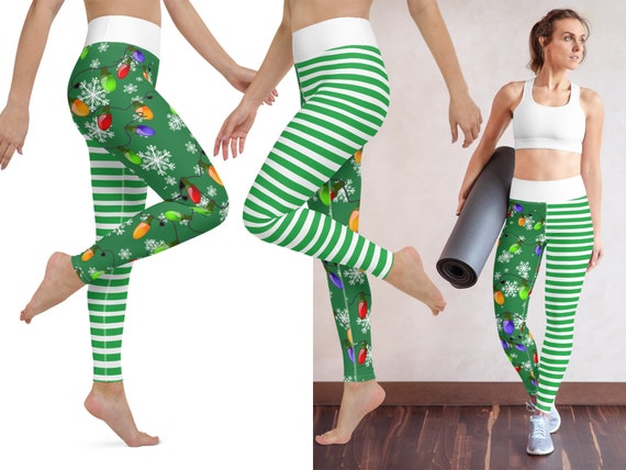 Christmas Workout Leggings Tree Lights Stripes Yoga Women Gift Cosplay  Snowflakes Festive Running Fitness Outfit Pants Bulbs Elf Activewear 