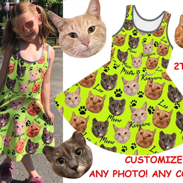 Custom Personalized Girl's Skater Dress Cat Photo Text Gift Birthday Christmas Daughter Toddler Party Pet Face Logo