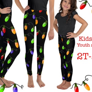 May include: Black leggings with a colorful Christmas lights pattern. Kids & Youth sizes 2T-20.