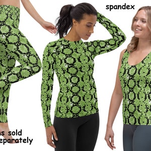 Green Snake Scales Print Costume Woman Halloween Cosplay Animal Pattern Yoga Leggings Rash Guard Shirt Workout Tank Top Running Activewear