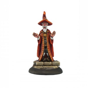 May include: A painted miniature figurine of a wizard wearing a red robe and a tall, pointed hat. He has a white beard and is holding his hands out in a gesture of welcome.