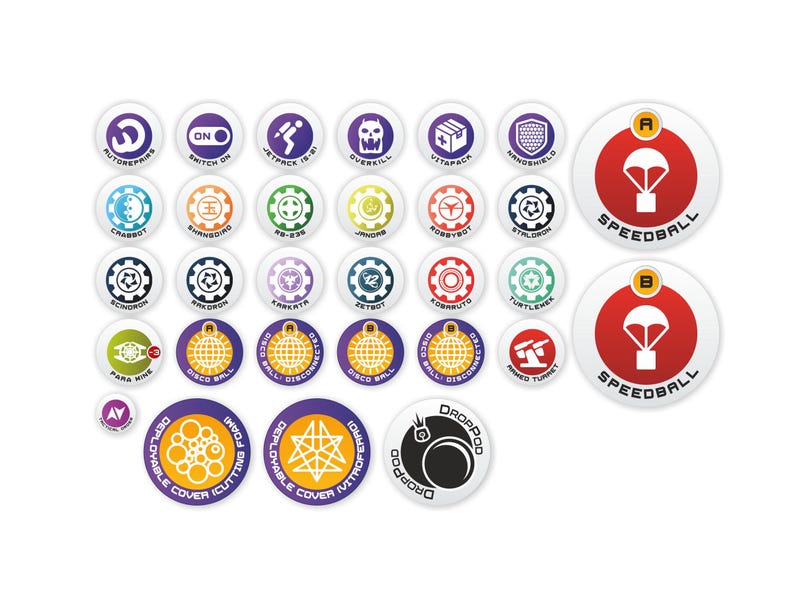 Puede incluir: Un conjunto de 25 pegatinas redondas de colores con varios iconos y texto. Los iconos incluyen una calavera, un paraca&iacute;das, un robot, un engranaje, una bola de discoteca y un jetpack. El texto incluye "Speedball", "Autorepair", "Switch On", "Jetpack 15-20", "Overall", "Vitapack", "Mindshield", "Crabbot", "Shnargord", "R8-235", "Jancor", "Rohm-Bot", "Staldron", "Scnchron", "Rx Drop", "Kaketa", "Zetbot", "Comnuto", "Turtleke", "Para Mine", "Disc Ball", "Disc Ball", "Disc Ball", "Minded Turret", "Droppad", "Deployable Cover Icut", "Deployable Cover Iwiths", "Droppad".