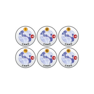 May include: Six round, white, and gray camouflage pattern tokens with a yellow number and a red -6 inside each token.