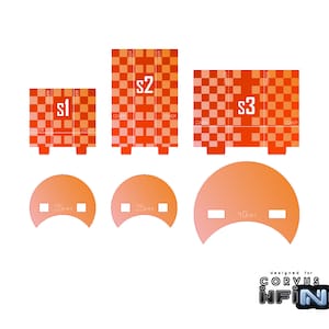 Könnte beinhalten: Drei orangefarbene und weiße Schachbrettmuster-Kästen mit dem aufgedruckten Text "S1", "S2" und "S3". Die Kästen sind in einer Reihe von links nach rechts angeordnet.