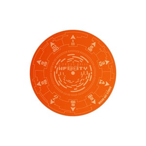 Puede incluir: Un diseño circular naranja con el texto "CORVUS MUSIC" e "INFINITY" en blanco. El diseño presenta un patrón circular con los números del 1 al 100 alrededor del borde. El texto "MICRO ART STUDIO" también está incluido.