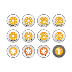 Puede incluir: Un conjunto de 12 pegatinas redondas, grises y amarillas con diferentes iconos y texto. Los iconos incluyen un sol, un objetivo, una brújula, una cara con una X sobre los ojos, un copo de nieve y una mano sosteniendo una llave inglesa. El texto incluye "TARGETED", "ISOLATED", "STUNNED", "IMM-R", "IMM-B" y "POS".