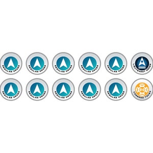 May include: A collection of circular tokens with a white arrow pointing upwards on a teal background. The text "REGULAR ORDER" is printed around the arrow on most tokens. Other tokens read "LIEUTENANT ORDER" and "COMMAND TOKEN".