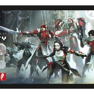 Puede incluir: Ilustraci&oacute;n digital de "Corvus Belli Infinity" con personajes en armaduras rojas, blancas y negras, empu&ntilde;ando armas. El texto "Command Panel" y "Micro Art Studio" es visible. Tema: ciencia ficci&oacute;n.