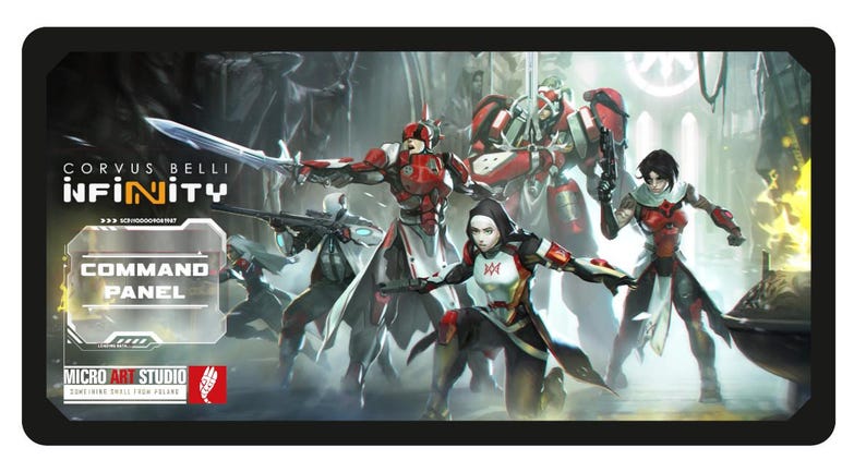 Puede incluir: Ilustraci&oacute;n digital de "Corvus Belli Infinity" con personajes en armaduras rojas, blancas y negras, empu&ntilde;ando armas. El texto "Command Panel" y "Micro Art Studio" es visible. Tema: ciencia ficci&oacute;n.