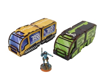 Infinity N5 PREPAINTED Wargaming Terrain 28mm 1:56 Vehicles Precinct Sigma Pepinillo Vans #2 (2 pieces of 2 segments each)