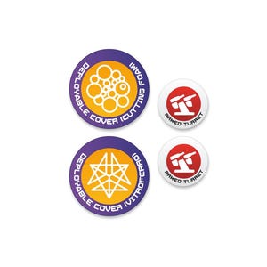 May include: Four round stickers with white text on a purple, yellow, white, and red background. The stickers feature the text "Deployable Cover (Cutting Foam)", "Deployable Cover (Vitroferro)", "Armed Turret", and "Armed Turret".