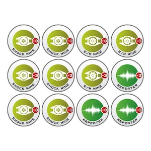 May include: Nine round green and yellow stickers with white icons and red text. The stickers have different icons and text, including "Shock Mine", "E/M Mine", and "Repeater".