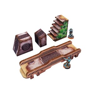 May include: A set of brown and green cardboard terrain pieces for tabletop gaming. The set includes a bridge, stairs, and two walls. The pieces are designed to be used with miniature figures.