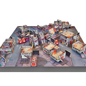 Puede incluir: Un tablero de juego de ciudad con edificios grises y blancos, acentos rojos y un tablero de juego gris y blanco con líneas negras. Los edificios están dispuestos en un patrón aleatorio.