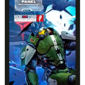Peut inclure: Illustration numérique d'un personnage en armure verte et blanche, possiblement issu d'un jeu de science-fiction. Le texte "CORVUS BELLI INFINITY" et "COMMAND PANEL" est visible. Le logo Micro Studio est également présent.