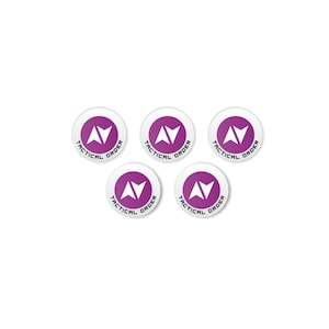 May include: Five white round stickers with a purple arrow pointing upwards and the text "Tactical Order" in black.