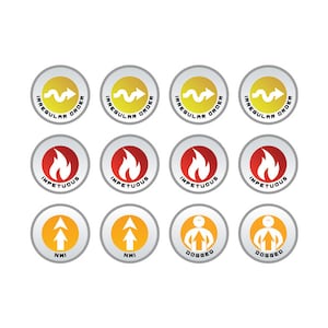 May include: Nine colorful circular badges with different icons and text. The badges are yellow, orange, and red. The text on the badges includes "Irregular Order", "Impetuous", "NHI", and "Dogged".