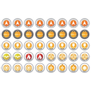 May include: A set of 48 round, gray and yellow badges with various symbols and text. The badges include symbols such as arrows, hearts, stars, and a cross. The text on the badges includes phrases such as "Regular Order", "Unconscious", "Prone", "Command Token", "Sup. Fire", "Wound", and "In-R".