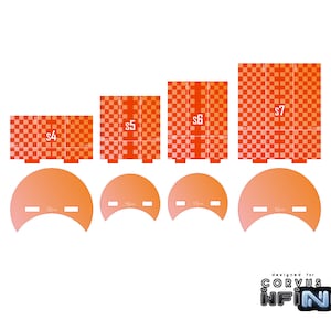 May include: Seven orange and white checkered squares with the text "S4", "S5", "S6", and "S7" printed on them. The squares are arranged in a row from left to right, with the largest square on the right and the smallest square on the left. The squares are designed for use with the game "Corvus Belli Infinity".