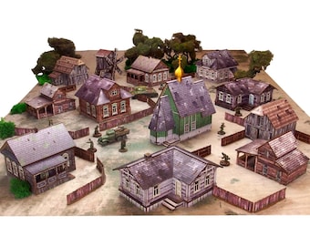 WW2 Bolt Action PREPAINTED Wargaming Terrain 28mm 1:56 Ostfront Village Bundle Whole Table! 12 buildings and 36 fence sections!