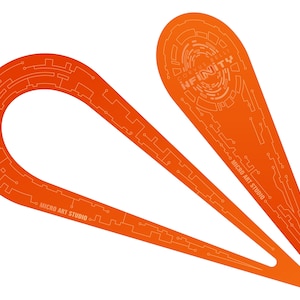 May include: Two orange plastic stencils with a circuit board design. The larger stencil has the word "INFINITY" printed on it. Both stencils have the text "MICRO ART STUDIO" printed on them.
