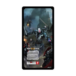 May include: A black and grey command panel card for the game Infinity, featuring a futuristic battle scene with soldiers in a dark, rocky landscape. The card has the text "Corvus Belli Infinity Command Panel" and a red and yellow logo.