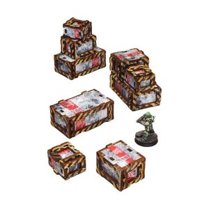May include: A set of six miniature wooden crates with a distressed, weathered look. The crates are stacked and arranged in various configurations. The crates are painted with a white and red color scheme and feature yellow warning stripes.