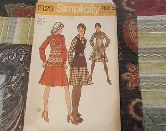 Vintage 1972 Simplicity Pattern 5129 Size 12 Bust 34 Misses One Piece Dress/ Top