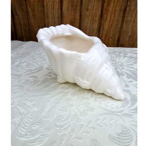 May include: A glossy off-white ceramic planter shaped like a conch shell. The vessel features a wide, open top cavity and a tapered, spiraled end, with a smooth, reflective surface finish and a scalloped edge detail along the opening rim.